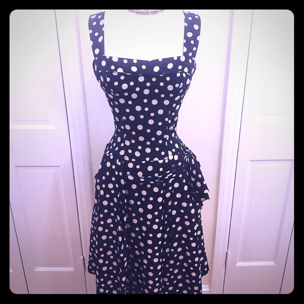 Gorgeous 1950s navy polka dot rayon party dress.